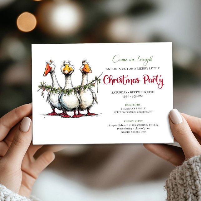 Jul Glada Gäss Rolig Akvarell Fest Inbjudningar (Christmas Playful Geese Funny Watercolor Party Invite)