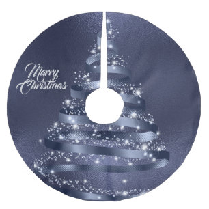 Jul Glänsande Blått Band Träd Gnista Julgransmatta Borstad Polyester