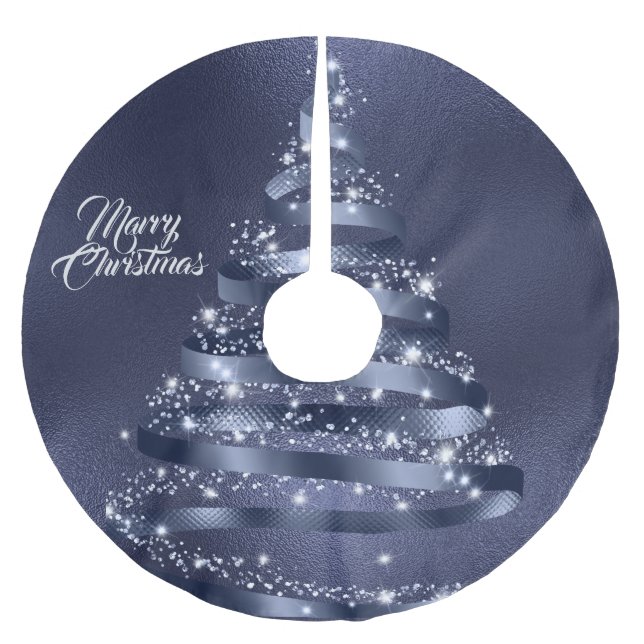 Jul Glänsande Blått Band Träd Gnista Julgransmatta Borstad Polyester (Framsidan)