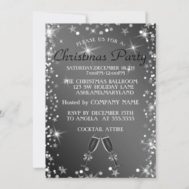 Jul Glänsande Silver Glas Champagne Inbjudningar (Framsida)