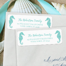 Jul Glitter Seahorse Aqua Returadress Etikett