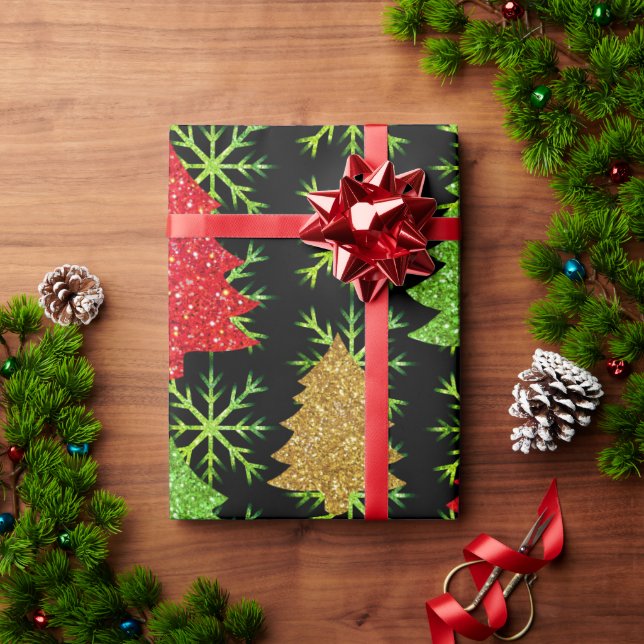Jul glitter träd och guldsnöflingor presentpapper (Julgåva)