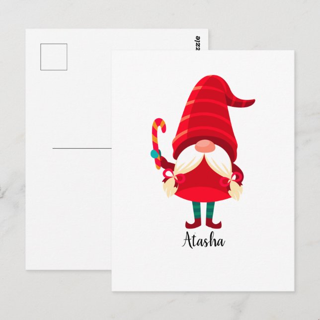 Jul Gnome Holding A Candy cane Vykort (Fram/baksida)