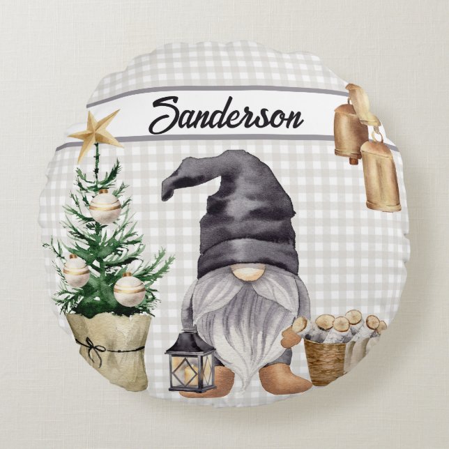 Jul Gnome Land Farmhouse Buffalo Play Rund Kudde (Framsidan)