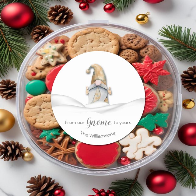 Jul Gnome Runt Klistermärke (Christmas 'From our Gnome to Yours' 3" Round Stickers personalized with your name)