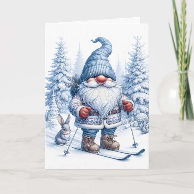Jul Gnome Skiing med en Bunny Helgkort (Framsida)