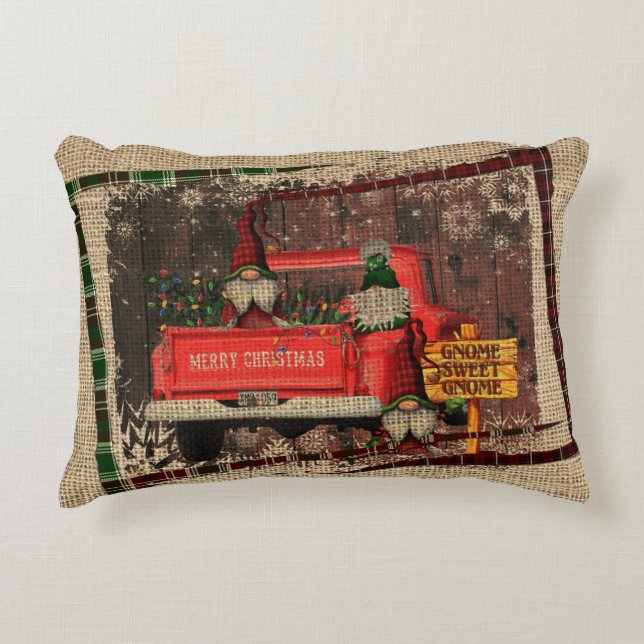 Jul Gnome Sweet Gnome Red Lastbil Play Rustic Prydnadskudde (Framsidan)