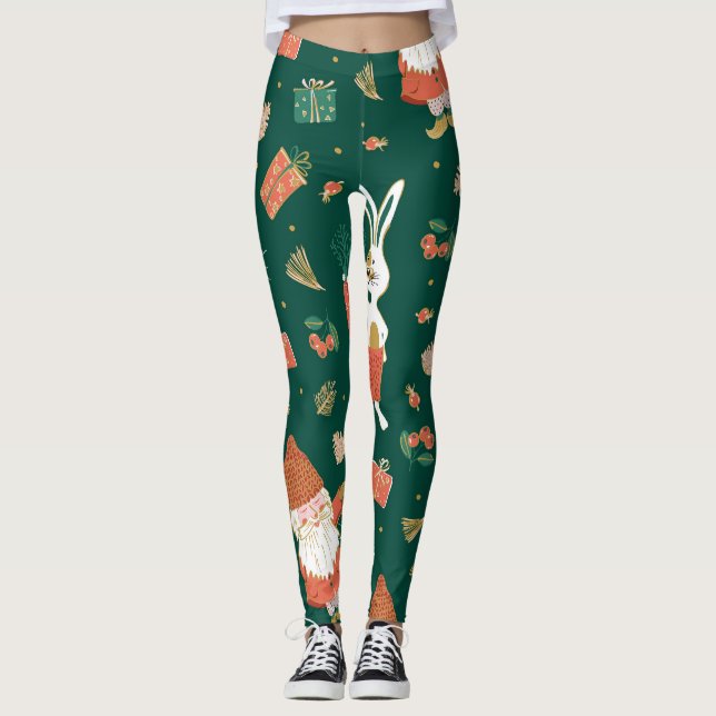 Jul Gnomes, Bunny Helgdag Mönster. Leggings (Framsida)