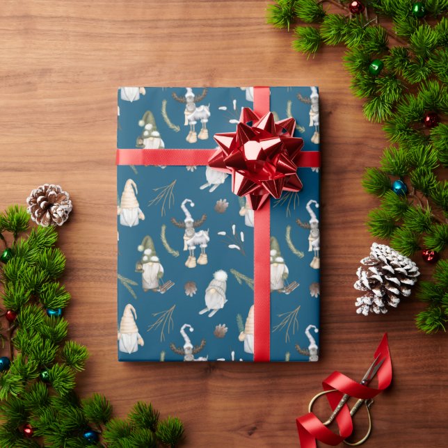 Jul Gnomes och Moose på Blue Presentpapper (Julgåva)