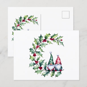 Jul Gnomes on Holly Berry Twig Vykort
