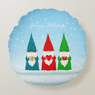 Jul Gnomes on Light Blue Round Pillow Rund Kudde