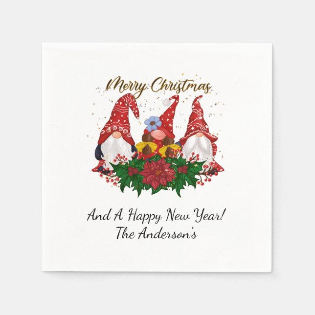 Jul Gnomes Poinsettia Whimsical Woodland Pappersservett (Framsidan)