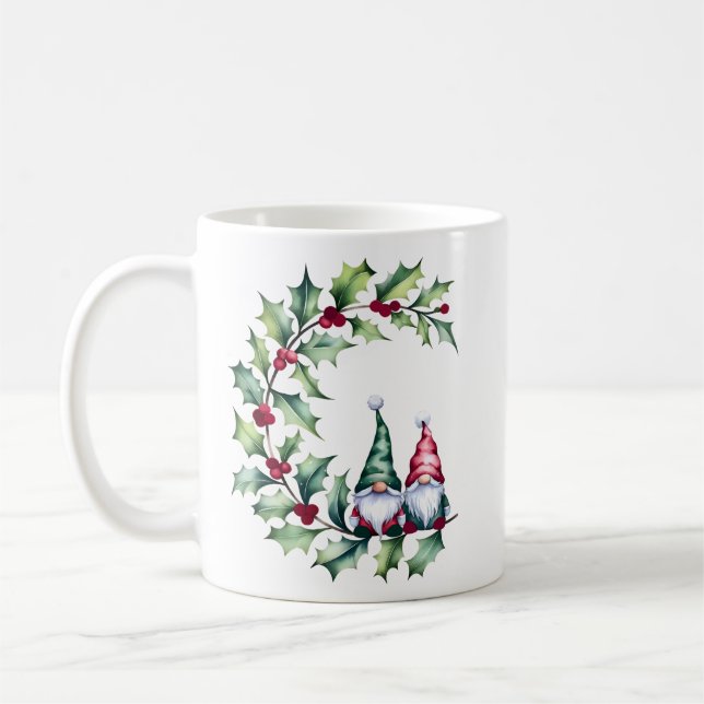 Jul Gnomes Sitta på Holly Berry Twig Mugg (Vänster)
