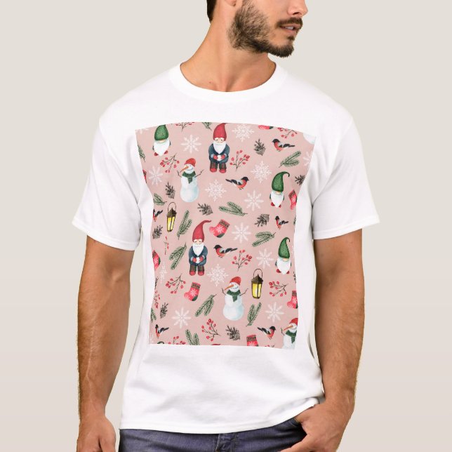 Jul Gnomes Vattenfärg Sömlös Mönster T Shirt (Framsida)