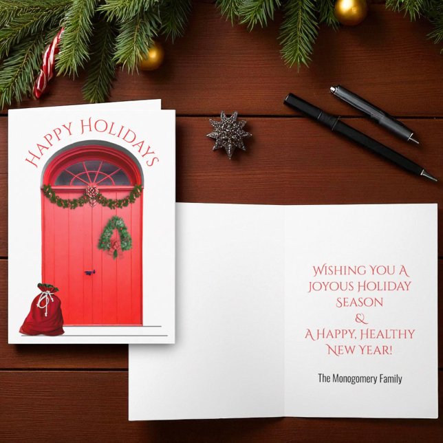Jul God Jul Dekorationer Röda Dörrar Helgkort (greeting card front and inside cover template)