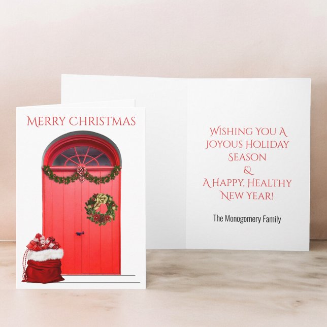 Jul God Jul Dekorationer Röda Dörrar Helgkort (cover and inside templates red door santa bag Christmas card )