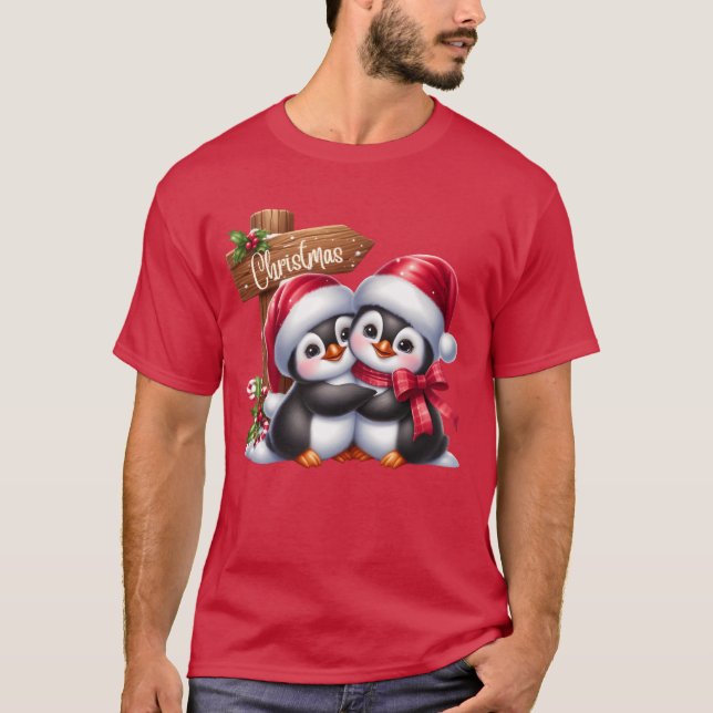 Jul God jul till Gift Penguins vän T Shirt (Framsida)