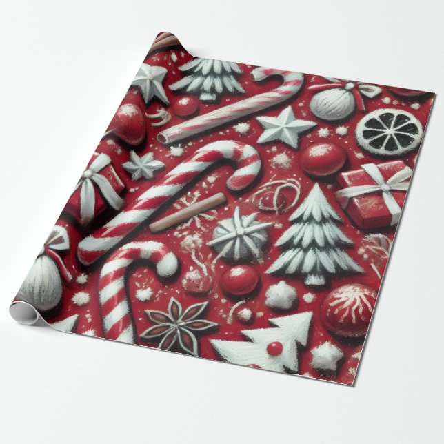 Jul Godis Cane Träd Presenter Röd Decoupage Presentpapper (Utrullad)