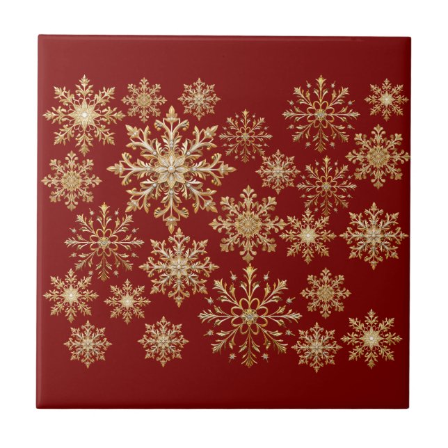 Jul Gold och Röda Snöflingor  Kakelplatta (Framsidan)