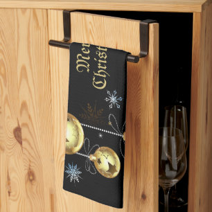 Jul Golden Ornaments Shiny Stars Black Kökshandduk
