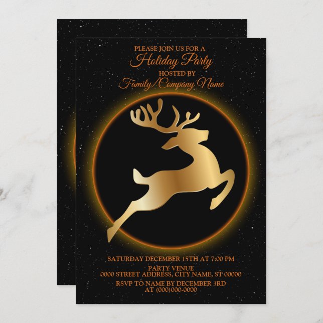 Jul Golden Reindeer Black Helgdagar Party Inbjudningar (Fram/baksida)