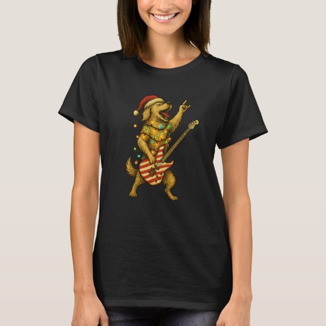 Jul Golden Retriever Hund Spelar Elgitarr T Shirt (Framsida)