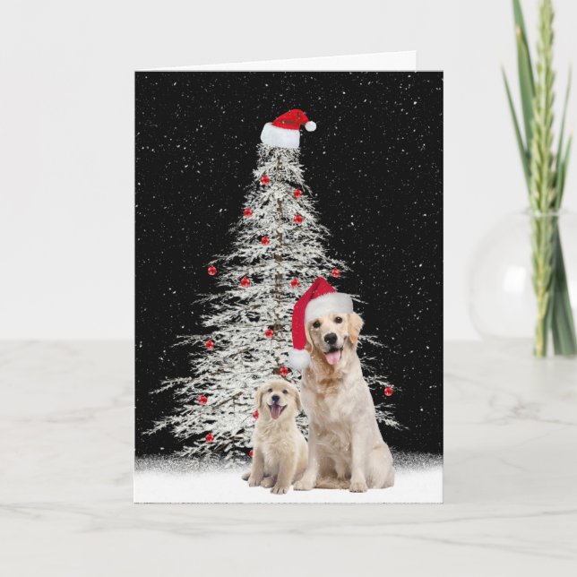 Jul Golden Retriever med Träd Helgkort (Framsida)