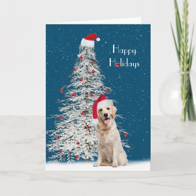 Jul Golden Retriever med Vit Träd  Helgkort (Framsida)