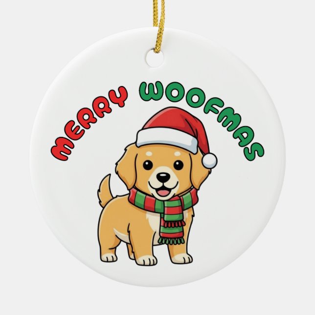 Jul Golden Retriever Ornament: Merry Woofmas Julgransprydnad Keramik (Framsidan)
