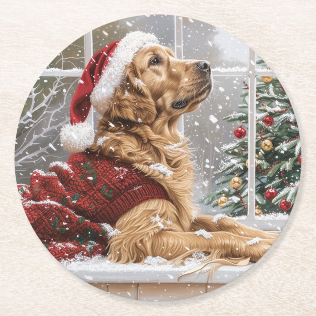 Jul Golden Retriever Santa Hund Underlägg Papper Rund (Framsidan)