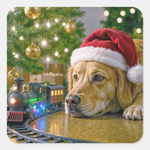 Jul Golden Retriever Tittar på en Leksakståg Fyrkantigt Klistermärke