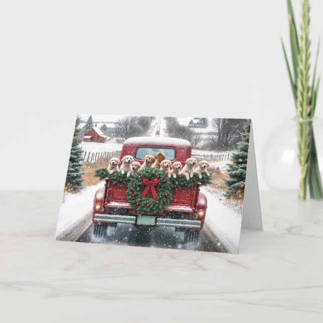 Jul Golden Retrievers i Röda Lastbil Helgkort (Framsida)