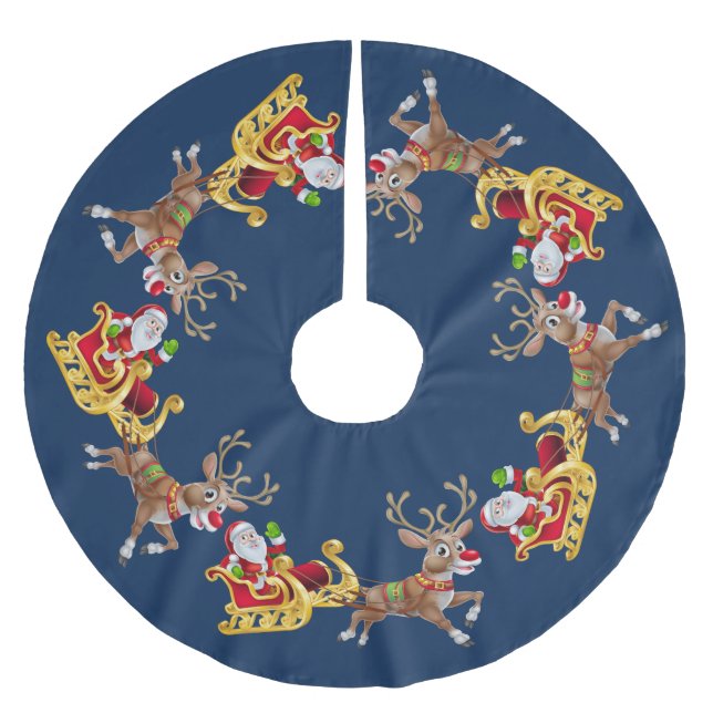 Jul Golden Santa Sleigh Reindeer Navy Julgransmatta Borstad Polyester (Framsidan)