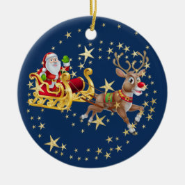 Jul Golden Santa Sleigh Reindeers Navy Julgransprydnad Keramik