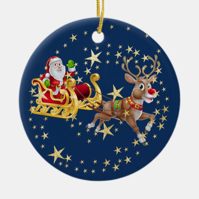 Jul Golden Santa Sleigh Reindeers Navy Julgransprydnad Keramik (Framsidan)