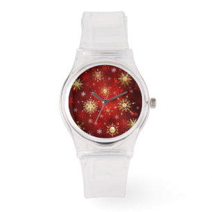 Jul Golden Snöflingor på Röda bakgrunden Armbandsur