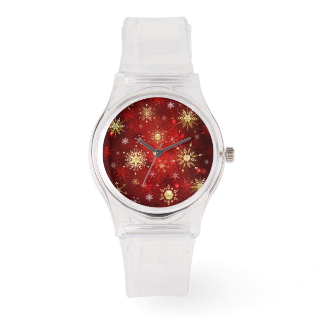 Jul Golden Snöflingor på Röda bakgrunden Armbandsur (Framsida)