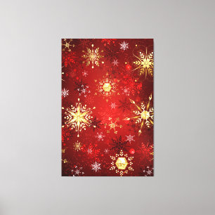 Jul Golden Snöflingor på Röda bakgrunden Canvastryck