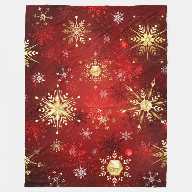 Jul Golden Snöflingor på Röda bakgrunden Fleecefilt (Framsidan)