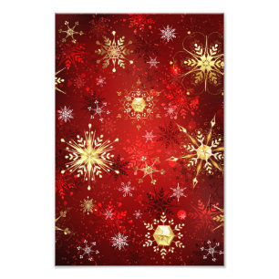 Jul Golden Snöflingor på Röda bakgrunden Fototryck