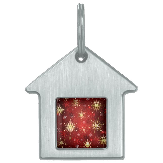 Jul Golden Snöflingor på Röda bakgrunden ID-bricka Husdjur (Framsidan)