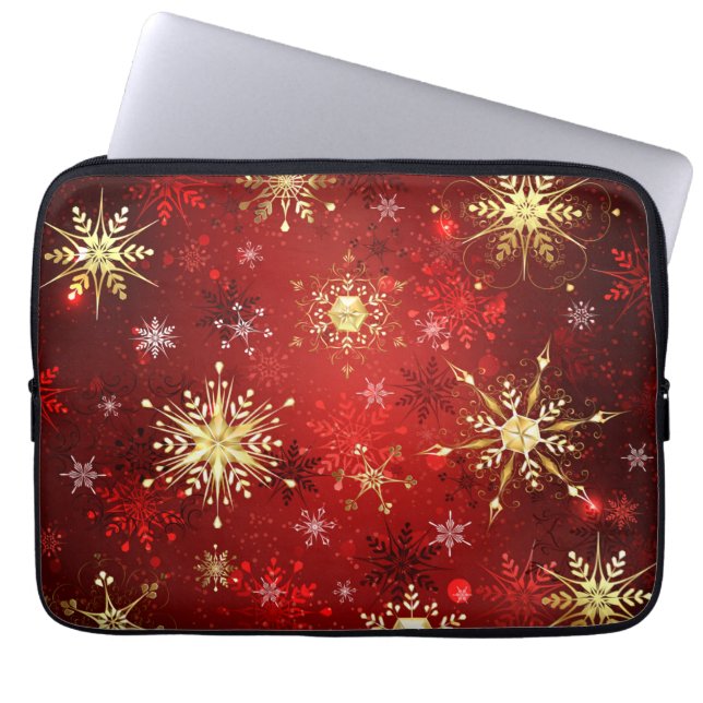 Jul Golden Snöflingor på Röda bakgrunden Laptop Fodral (Framsidan)