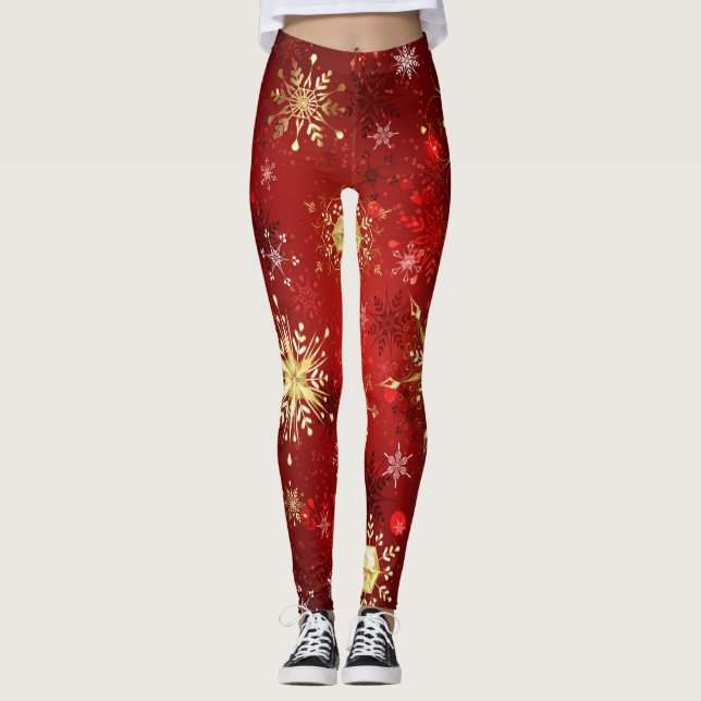 Jul Golden Snöflingor på Röda bakgrunden Leggings (Framsida)