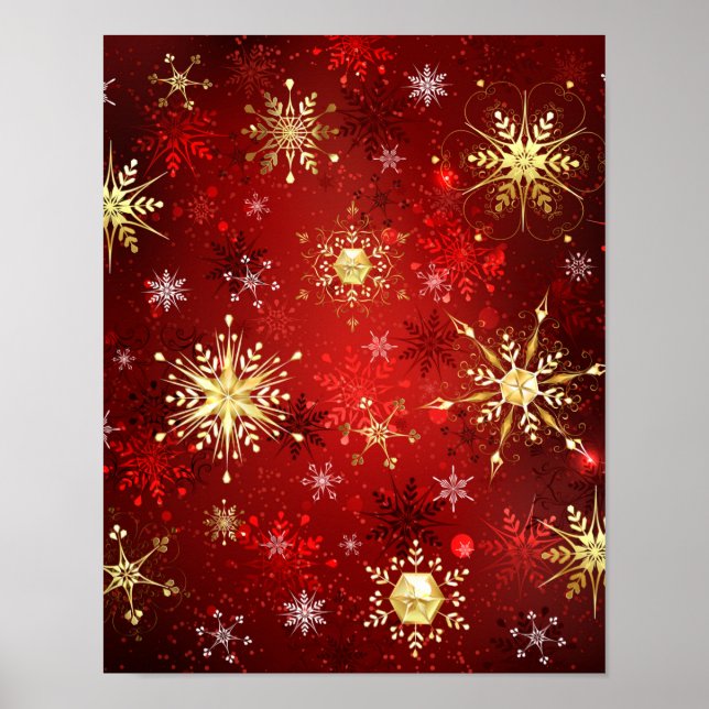 Jul Golden Snöflingor på Röda bakgrunden Poster (Framsidan)