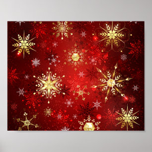 Jul Golden Snöflingor på Röda bakgrunden Poster