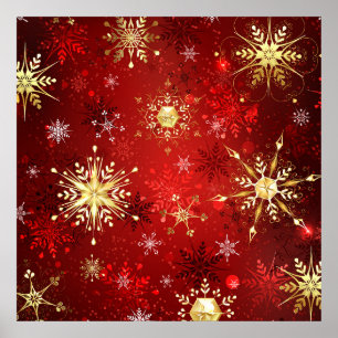 Jul Golden Snöflingor på Röda bakgrunden Poster