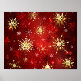 Jul Golden Snöflingor på Röda bakgrunden Poster