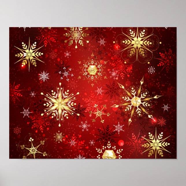 Jul Golden Snöflingor på Röda bakgrunden Poster (Framsidan)