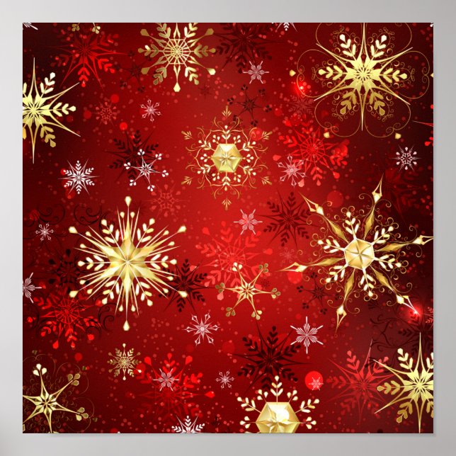 Jul Golden Snöflingor på Röda bakgrunden Poster (Framsidan)