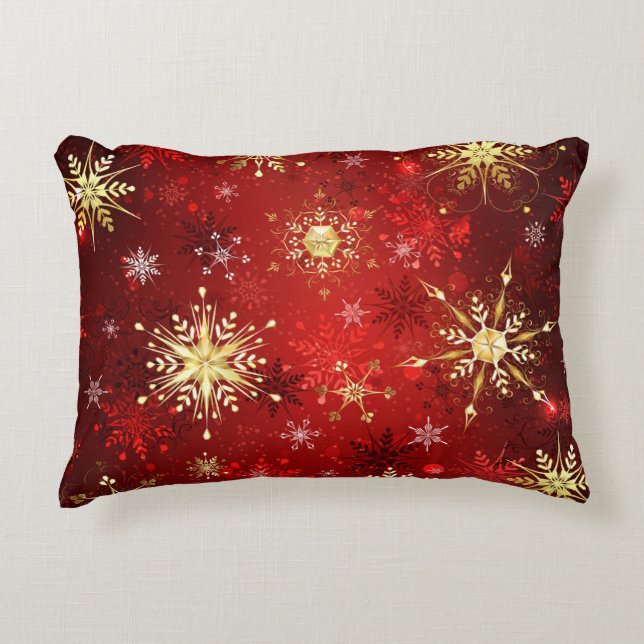 Jul Golden Snöflingor på Röda bakgrunden Prydnadskudde (Framsidan)